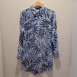 Sigrid Olsen Blue Linen Tropical Resort Coastal Swim Coverup Mini Dress Womens M